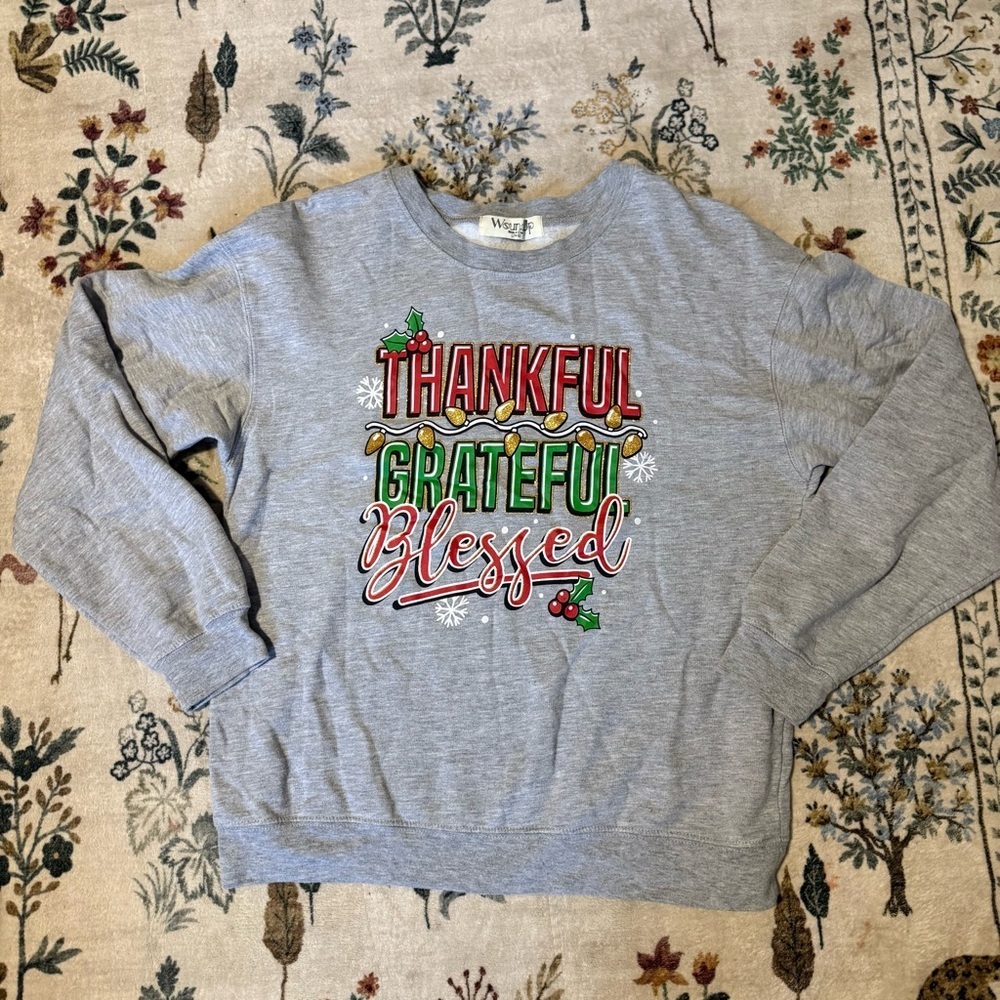 Christmas Gray Thankful Grateful Blessed Sweatshirt L